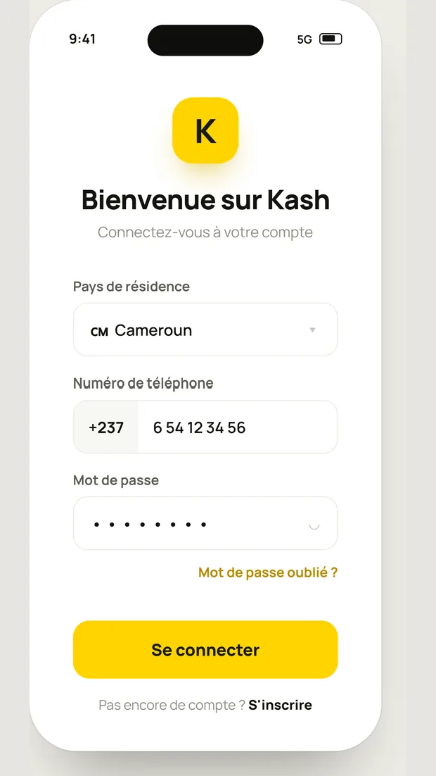 Écran de connexion à l’application Kash
