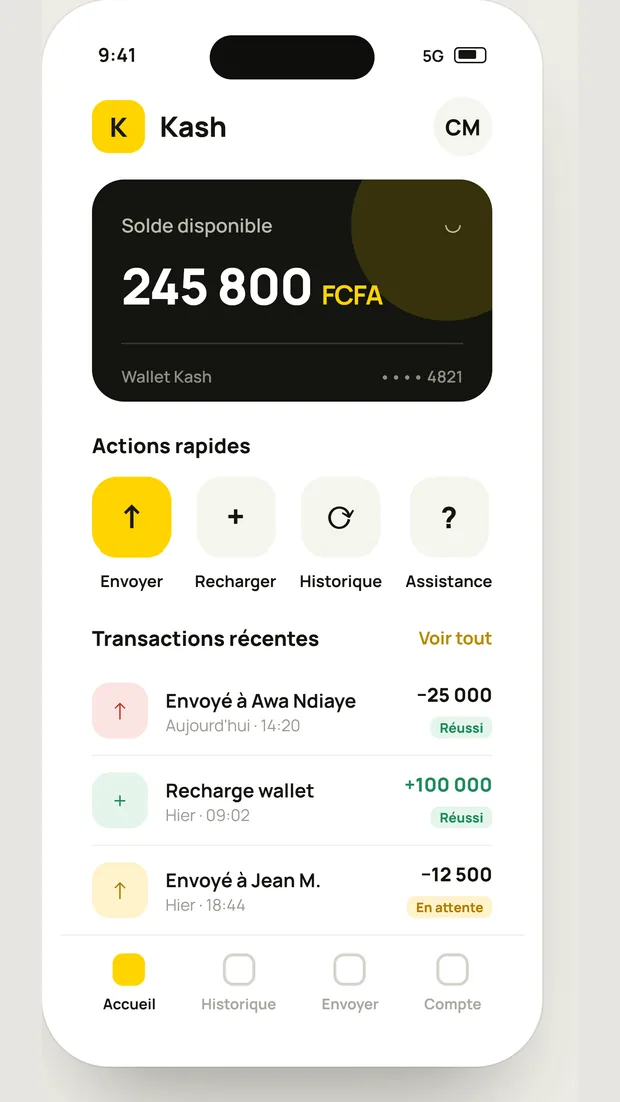 Écran d'accueil de l'application Kash développée par EvoltVix