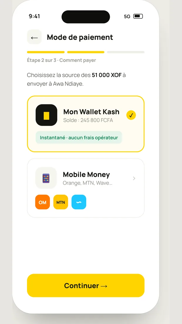 Choix du mode de paiement Mobile Money dans Kash