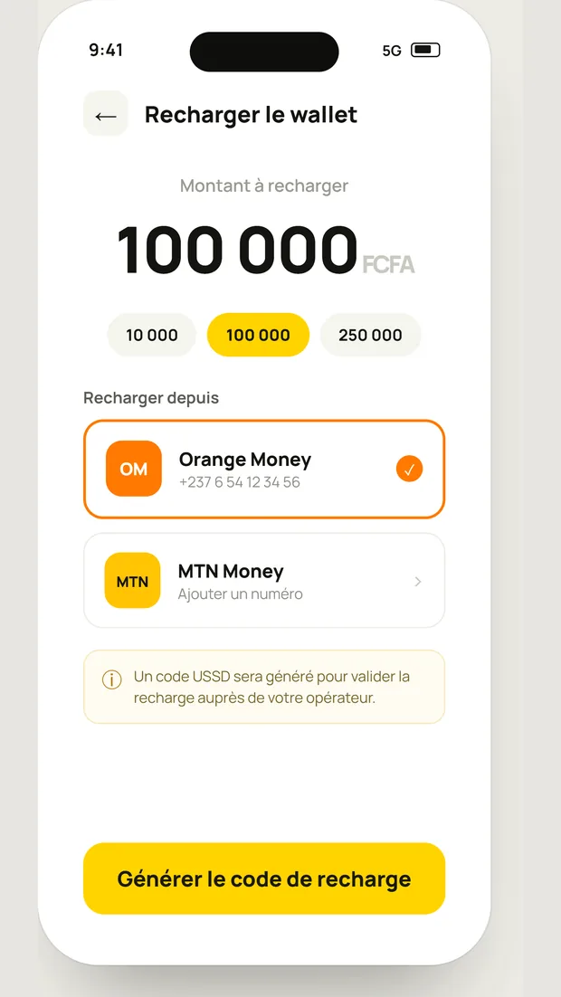 Écran de recharge du wallet Kash