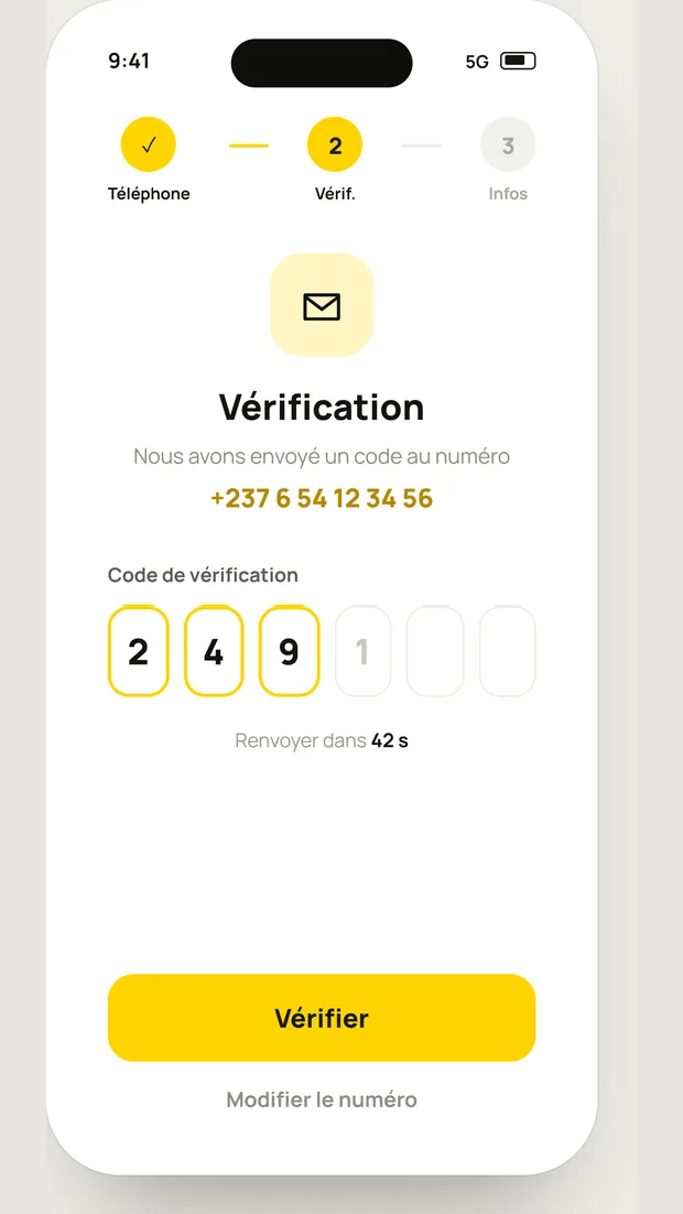 Écran de vérification du numéro par code OTP dans Kash