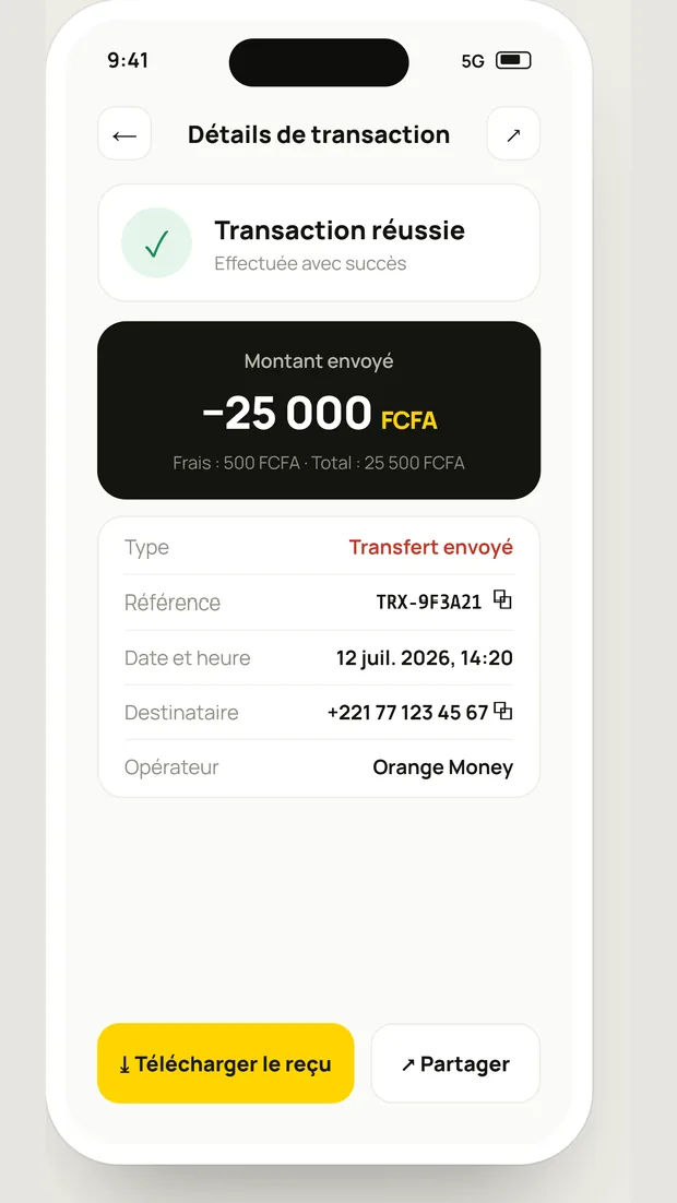 Détail d’une transaction Kash avec les étapes du transfert